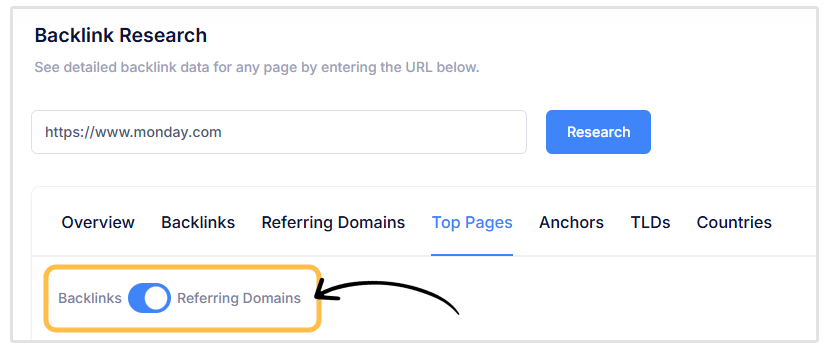 Referring domains and backlinks switch
